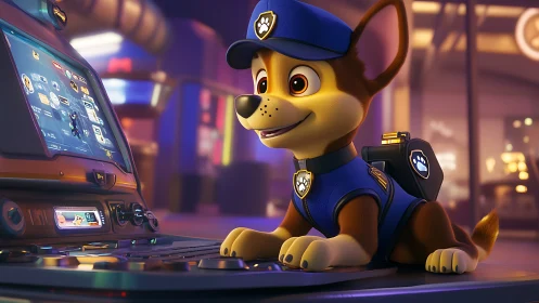 Cartoon police puppy operating a colorful computer workstation.