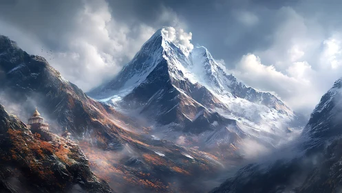 Quiet mountain temple beneath soaring snow-capped peaks.
