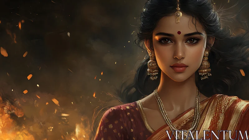 Elegant Indian Woman in Traditional Saree Amidst Dramatic Flames.