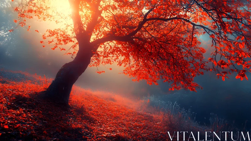 Glowing autumn tree bending gently into dreamy morning light.