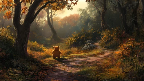 Small bear walks sunlit autumn forest path alone.