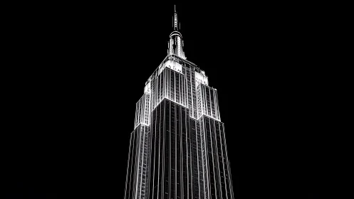 Monochrome night view of illuminated city skyscraper.