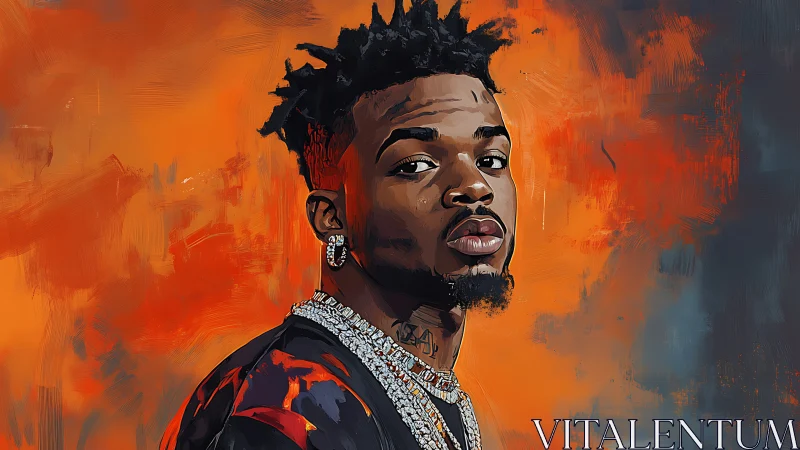 Portrait of man in jewelry against bold orange background.