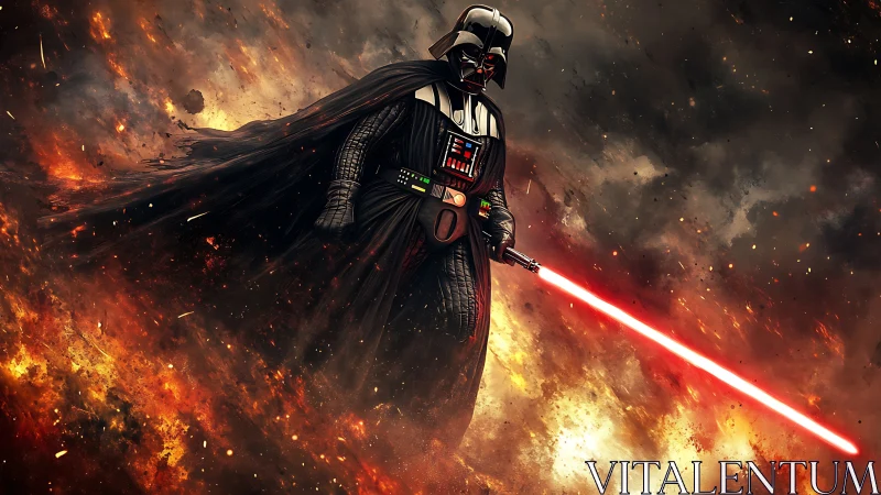 Armored figure with red energy sword stands amid firestorm