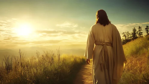 Robe-clad figure walking sunlit hillside path at dawn.