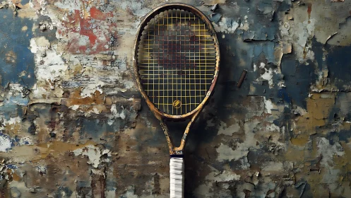 Vintage tennis racket against distressed textured wall