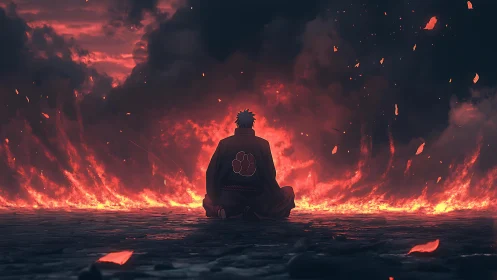 Solitary cloaked figure before engulfing inferno horizon