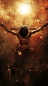 Crucified figure silhouetted against intense radiant light source