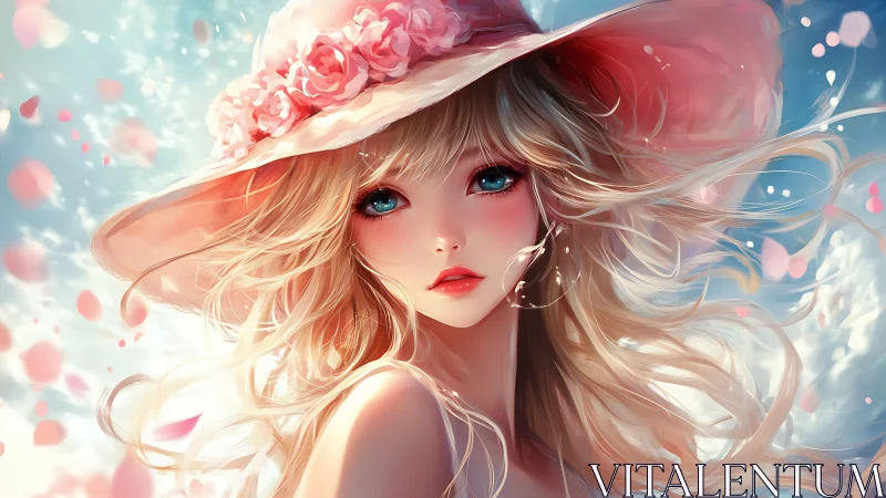 Romantic anime portrait captures a sunlit girl in rose hat