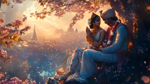 Mythic twilight wedding tableau with ornate luminous regalia.