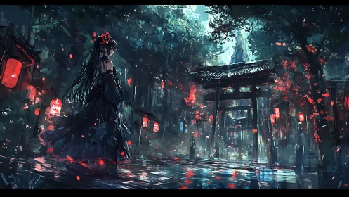 Girl in dark gown crosses lantern-lit shrine gate at night