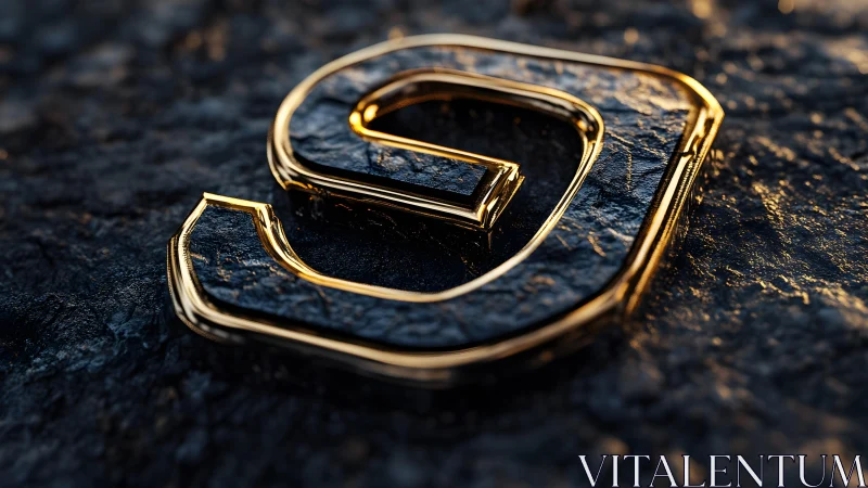 Metallic gold letter S on textured dark stone surface, 3D render.