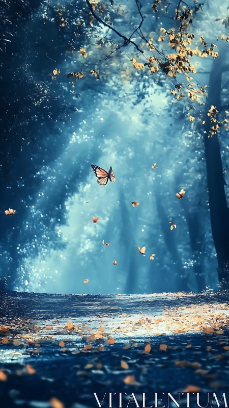 Butterfly lanterns drift through a mist-blue forest morning.