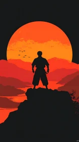 Silhouetted figure stands on cliff before oversized red sun