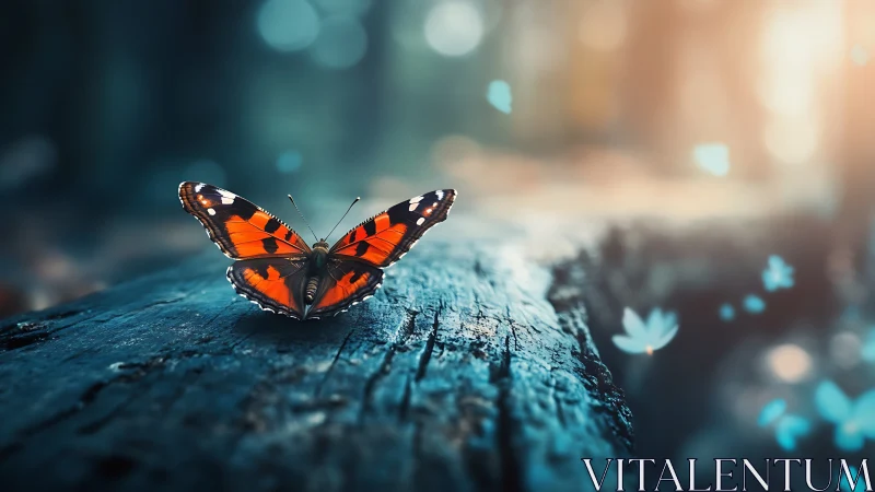 Butterfly rests on textured log in shallow depth of field