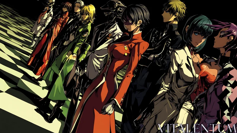 Stylized anime lineup of eight sharply dressed figures.