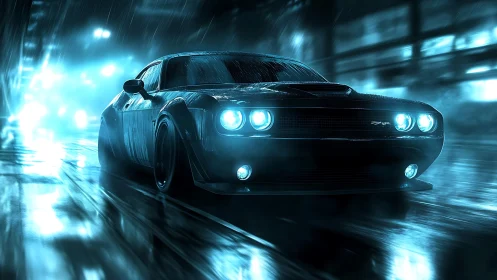 Rendered muscle car moves through wet urban street at night