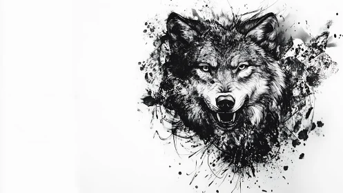 Ink wolf portrait with splattered black abstract background.