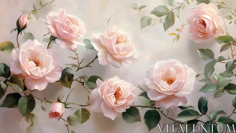 Pink garden roses with green foliage on neutral background