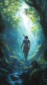 Warrior walks alone through sunlit mystical forest path.