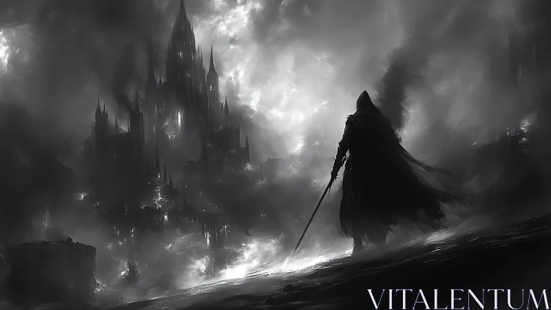 Hooded warrior observing distant dark fortress in mist.