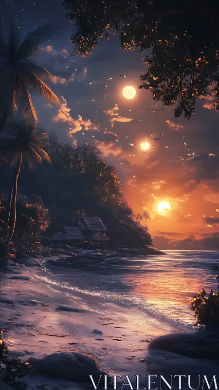 Tri-sun tropical shoreline with reflective surf and lit cliff hut