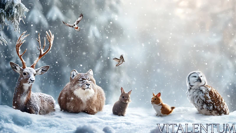 Snowbound forest council quietly convenes in glittering hush