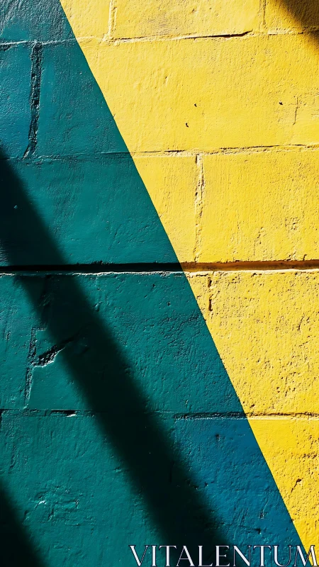 Yellow and teal painted brick wall with bold diagonal line.