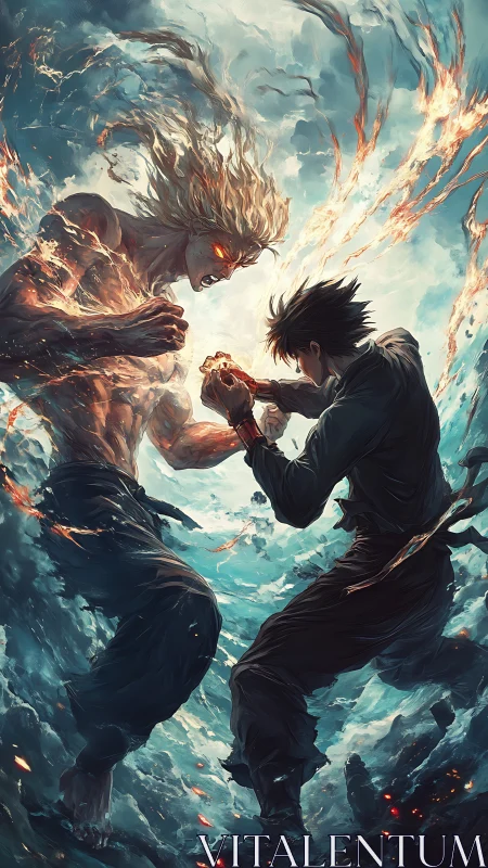 Elemental titan and martial fighter locked in blazing combat.