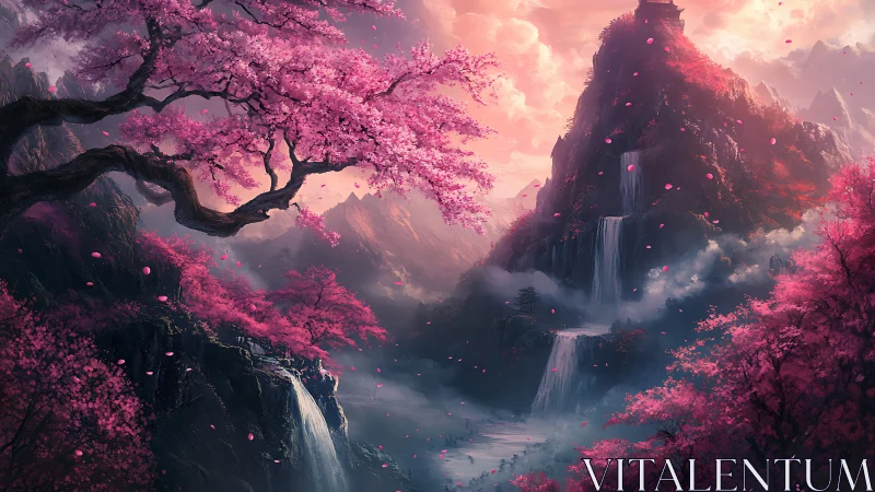 Enchanted cherry blossom valley cradles misty waterfalls at dusk