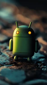 Glow-eyed alley android strolls through wet cobblestone dusk.