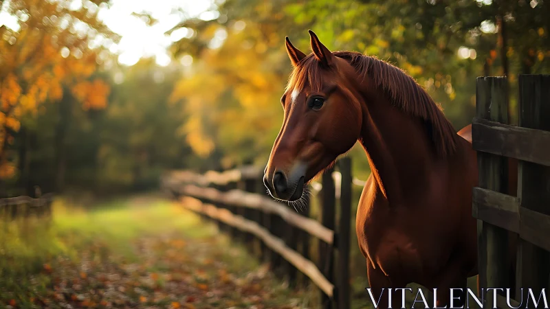 Gentle chestnut horse enjoying a golden autumn pasture.