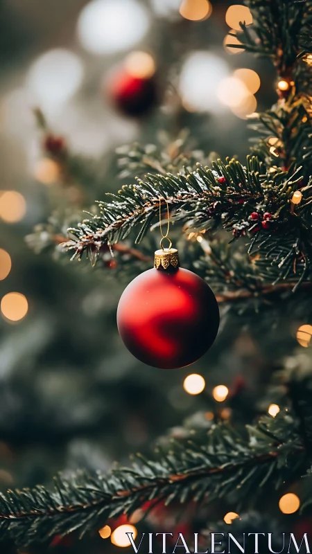 Red Christmas bauble glows against soft festive bokeh.