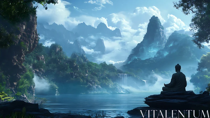 Solitary statue overlooks mist-covered mountains and lake