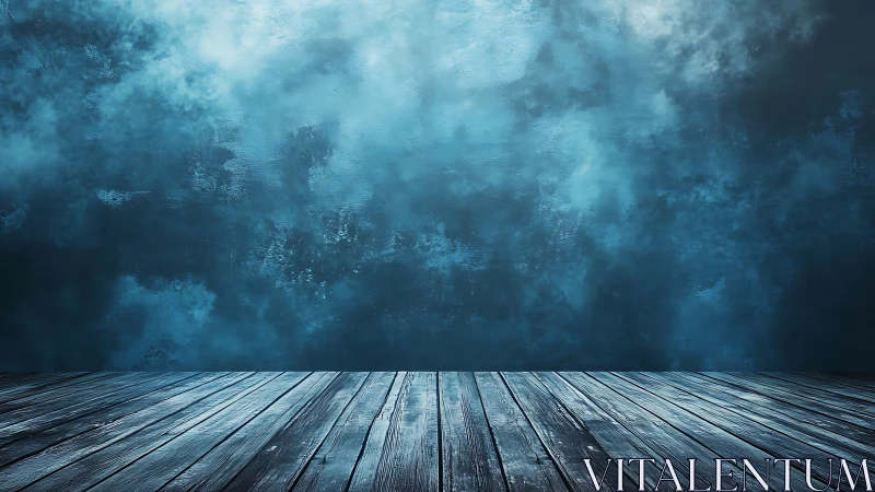 Weathered wood floor meets moody blue textured studio wall