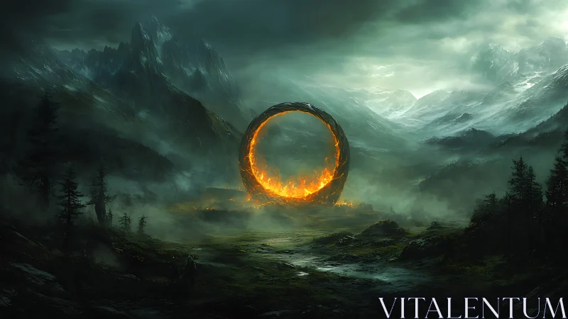 Fiery mountain portal glowing in a misty, enchanted valley.