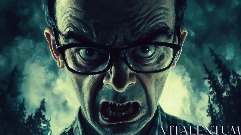 Fierce forest vampire glares ahead in eerie moonlit fog