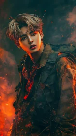 Digital painting portrait of soldier in ember-lit inferno environment.