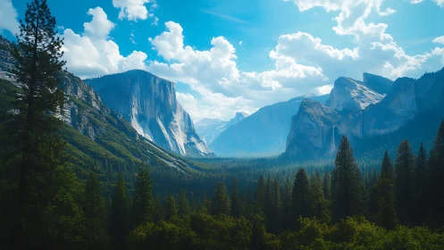 Mountain valley with pine forest under bright blue sky.