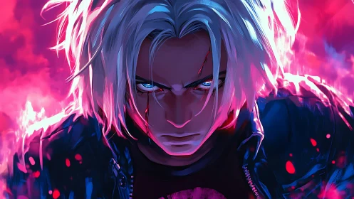 Storm-lit rebel with silver hair and blazing neon gaze.
