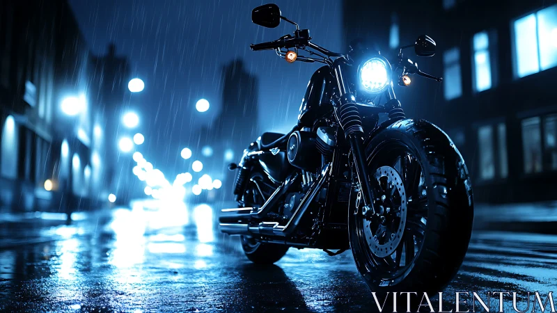Midnight motorcycle waits in neon rain on empty city street