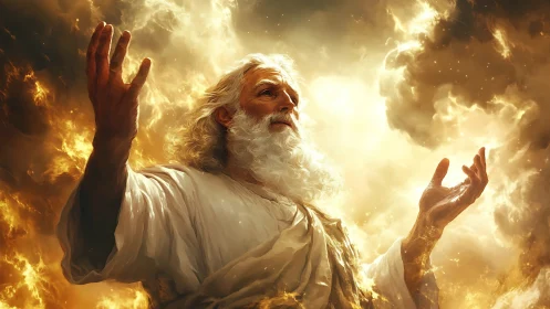 Elderly robed figure in luminous cloud and fire environment.