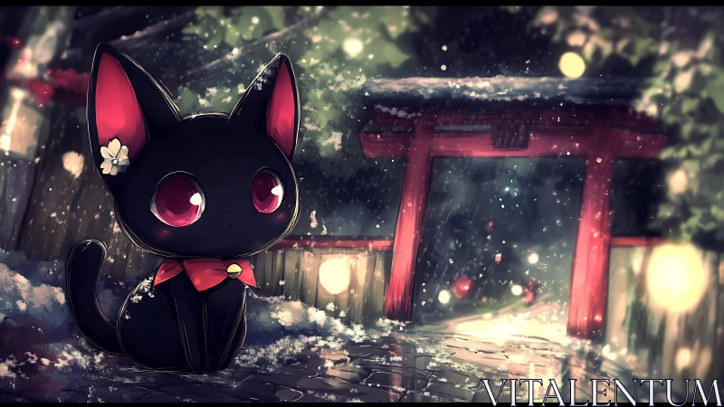 Black neko spirit guards snowy shrine path under lantern glow