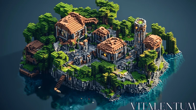 Isometric ruins complex with overgrown vegetation and crystalline water surroundings.