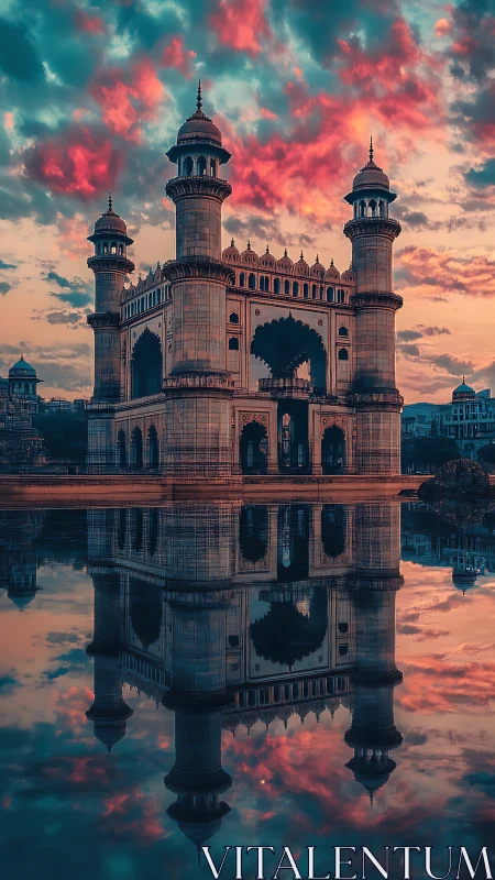 Photorealistic Mughal-style gateway with mirrored water reflection.
