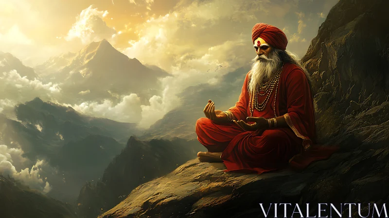 Digital painting of meditative sage on sunlit Himalayan ridge.