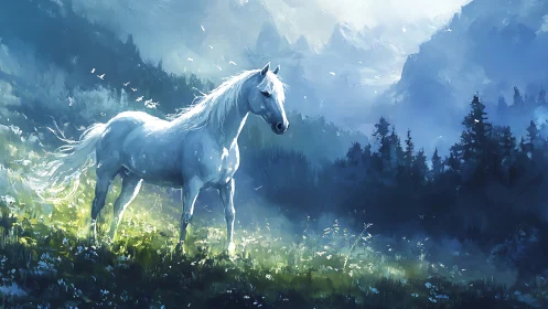 Moonlit mountain stallion wandering through luminous wildflowers.