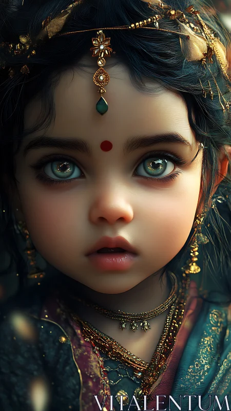Digital portrait shows ornate child with luminous grey eyes