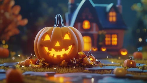 Glowing jack-o&rsquo;-lantern lights a cozy Halloween cottage path