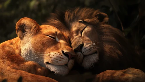 Three-dimensional rendered lions displaying facial contact and social bonding behavior